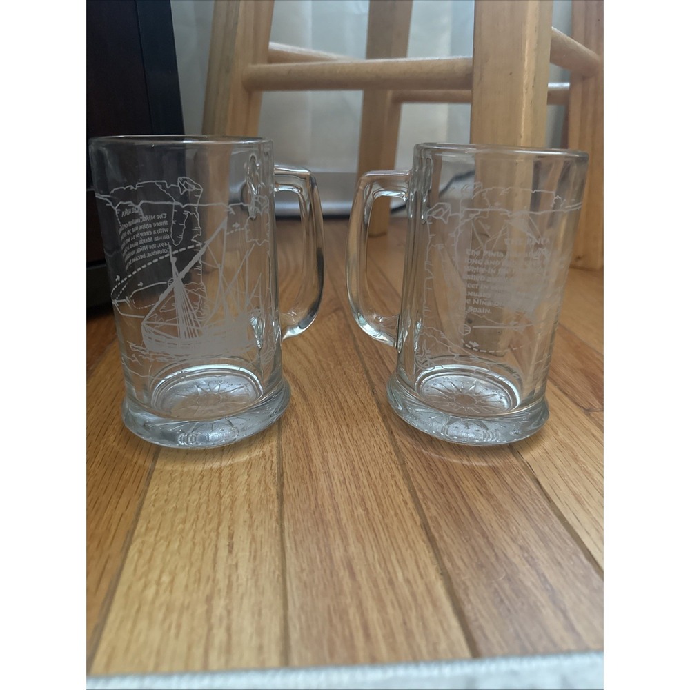 Vintage  Long‎ John Silvers Etched Glass Beer Mugs Set 2 Nautical Ships Schooner